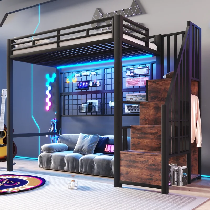 Letto a soppalco 90x200 in metallo nero con armadio integrato e luci LED