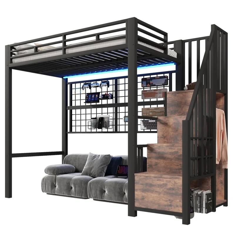 Letto a soppalco 90x200 in metallo nero con armadio integrato e luci LED