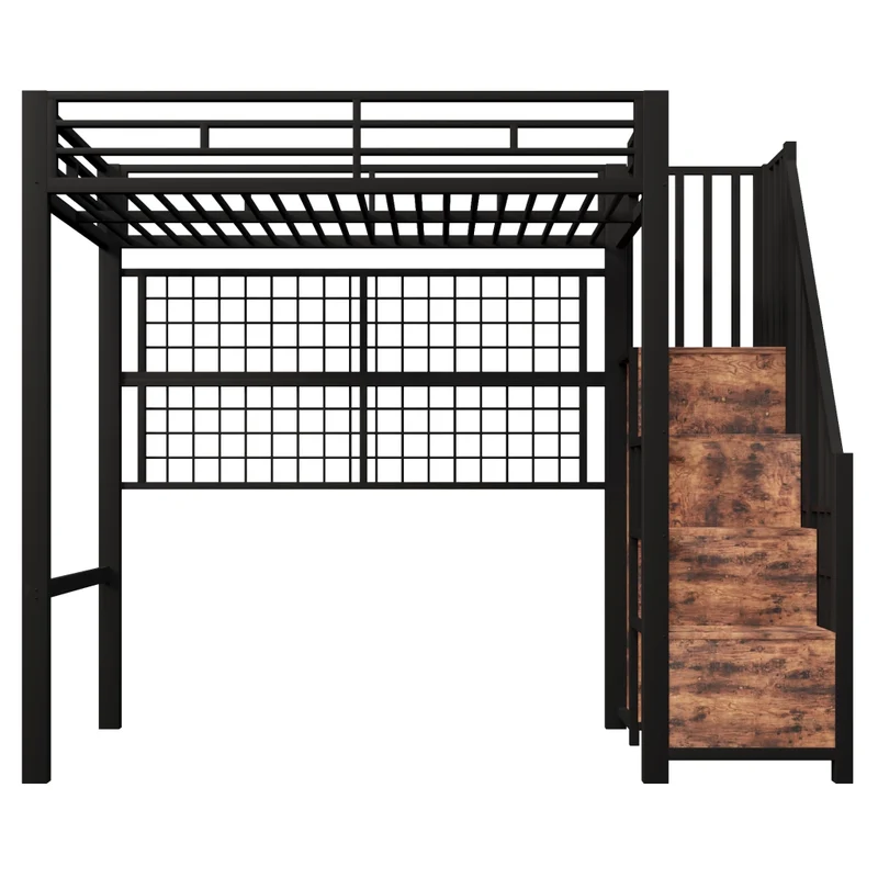 Letto a soppalco 90x200 in metallo nero con armadio integrato e luci LED