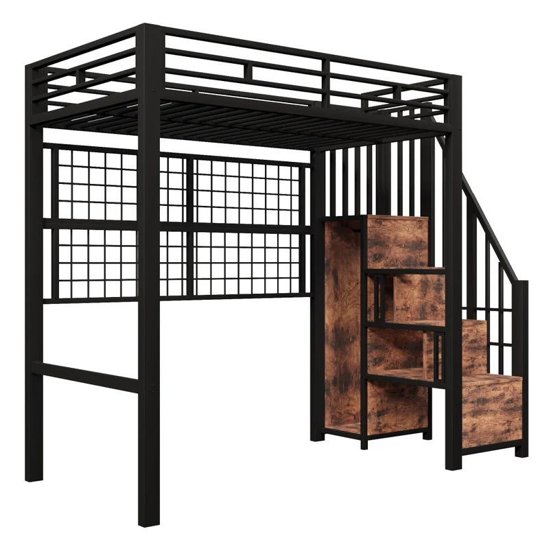 Letto a soppalco 90x200 in metallo nero con armadio integrato e luci LED