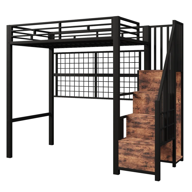 Letto a soppalco 90x200 in metallo nero con armadio integrato e luci LED