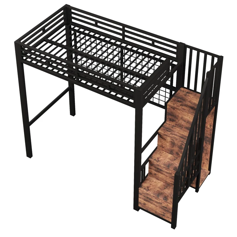 Letto a soppalco 90x200 in metallo nero con armadio integrato e luci LED