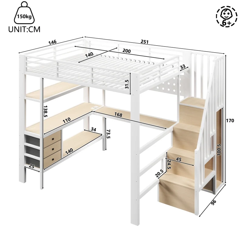 Letto a soppalco 140x200 cm in metallo con scrivania; cassetti; LED e presa; bianco