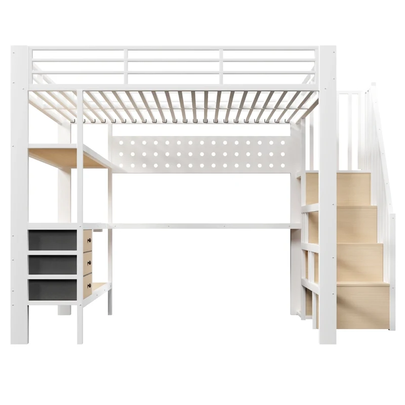 Letto a soppalco 140x200 cm in metallo con scrivania; cassetti; LED e presa; bianco