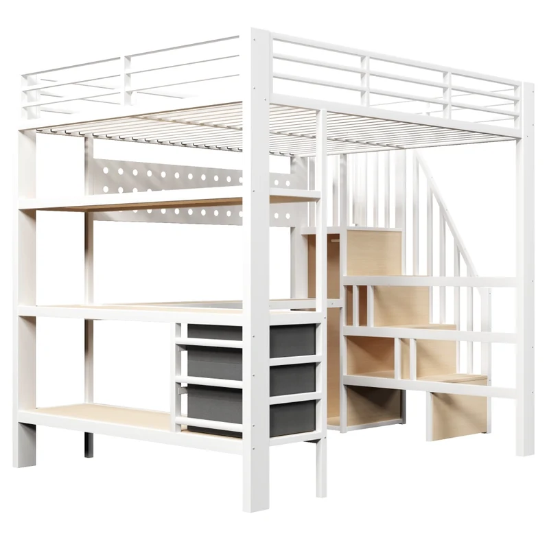 Letto a soppalco 140x200 cm in metallo con scrivania; cassetti; LED e presa; bianco