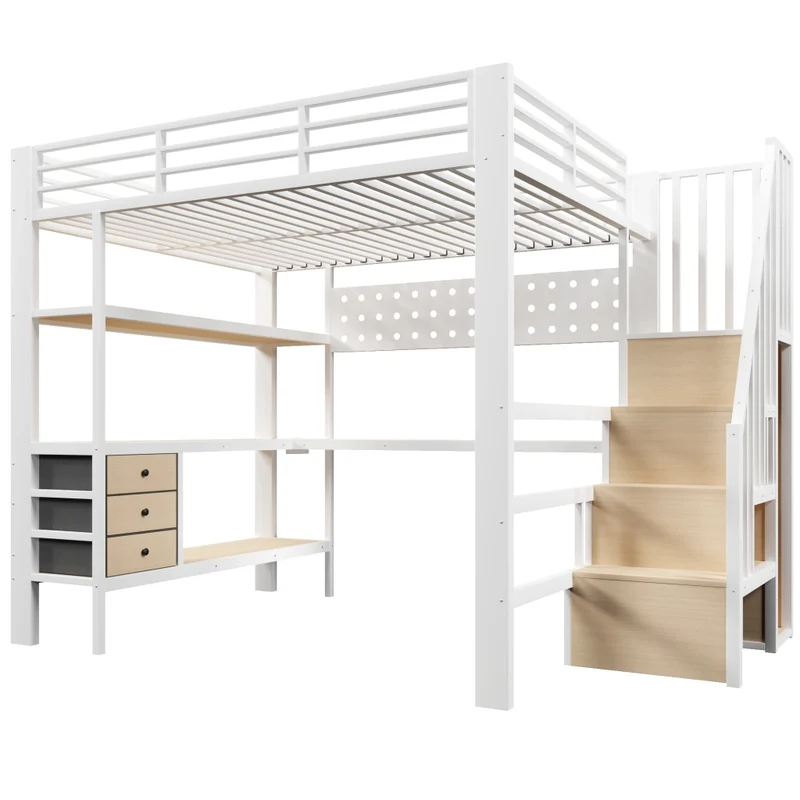 Letto a soppalco 140x200 cm in metallo con scrivania; cassetti; LED e presa; bianco