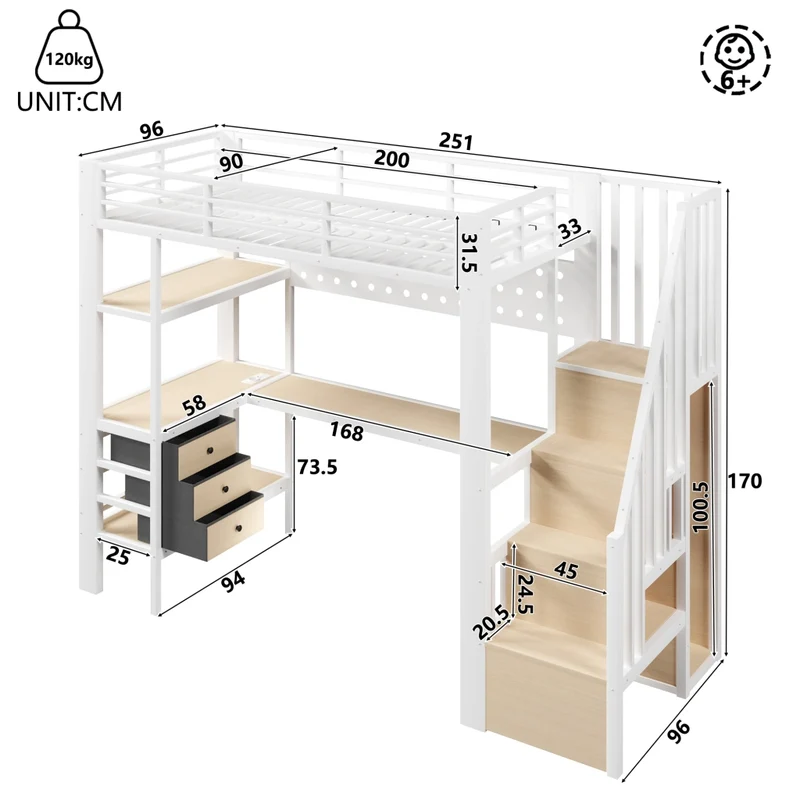 Letto a soppalco 90x200 cm in metallo e MDF; scrivania; cassetti; LED; bianco; senza materasso