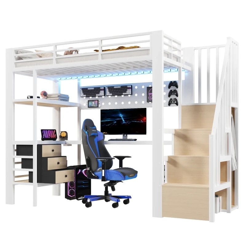 Letto a soppalco 90x200 cm in metallo e MDF; scrivania; cassetti; LED; bianco; senza materasso