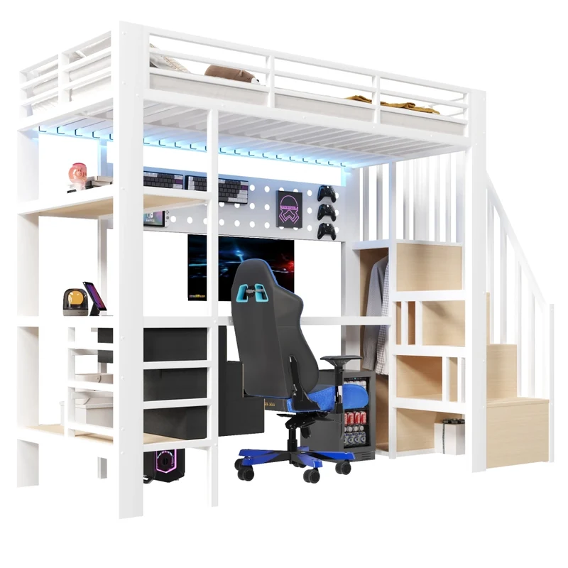 Letto a soppalco 90x200 cm in metallo e MDF; scrivania; cassetti; LED; bianco; senza materasso