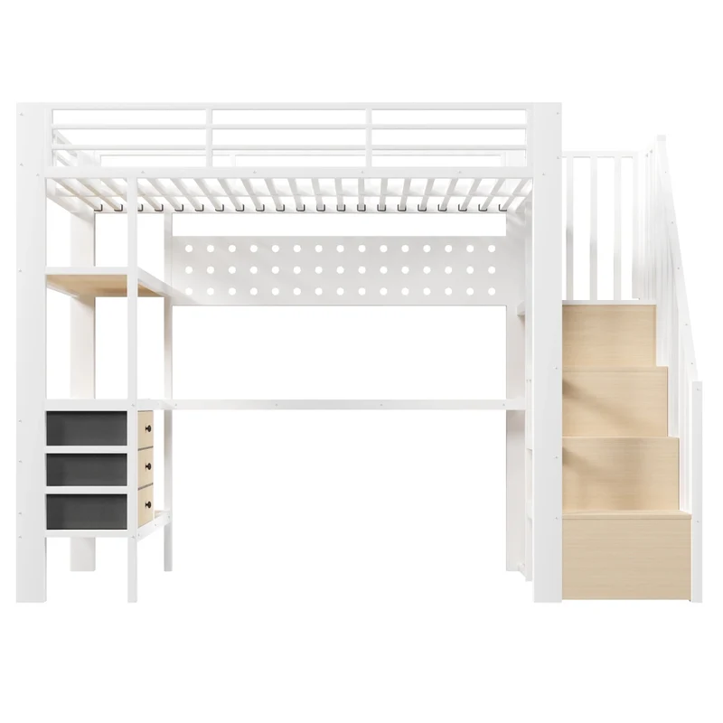 Letto a soppalco 90x200 cm in metallo e MDF; scrivania; cassetti; LED; bianco; senza materasso