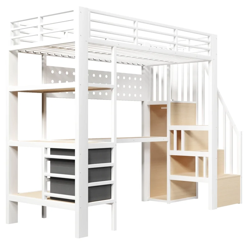 Letto a soppalco 90x200 cm in metallo e MDF; scrivania; cassetti; LED; bianco; senza materasso