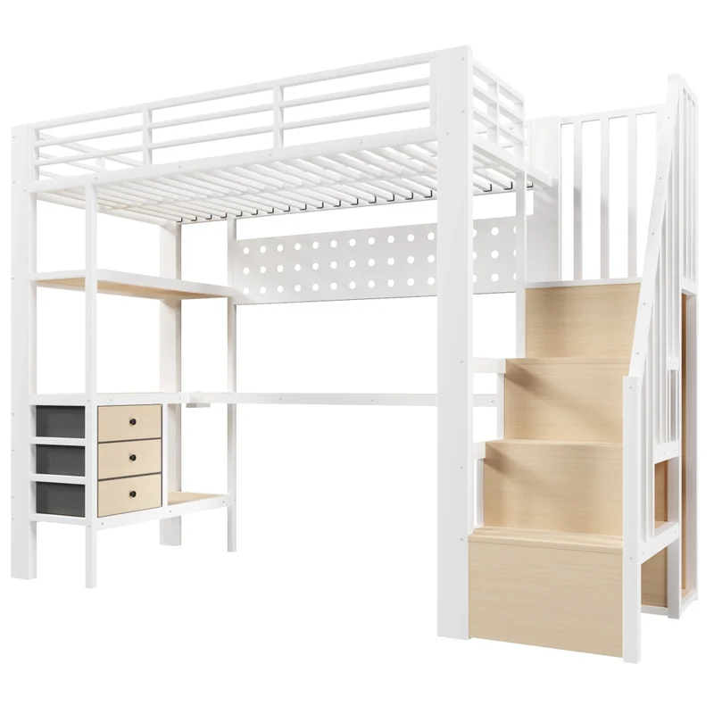 Letto a soppalco 90x200 cm in metallo e MDF; scrivania; cassetti; LED; bianco; senza materasso