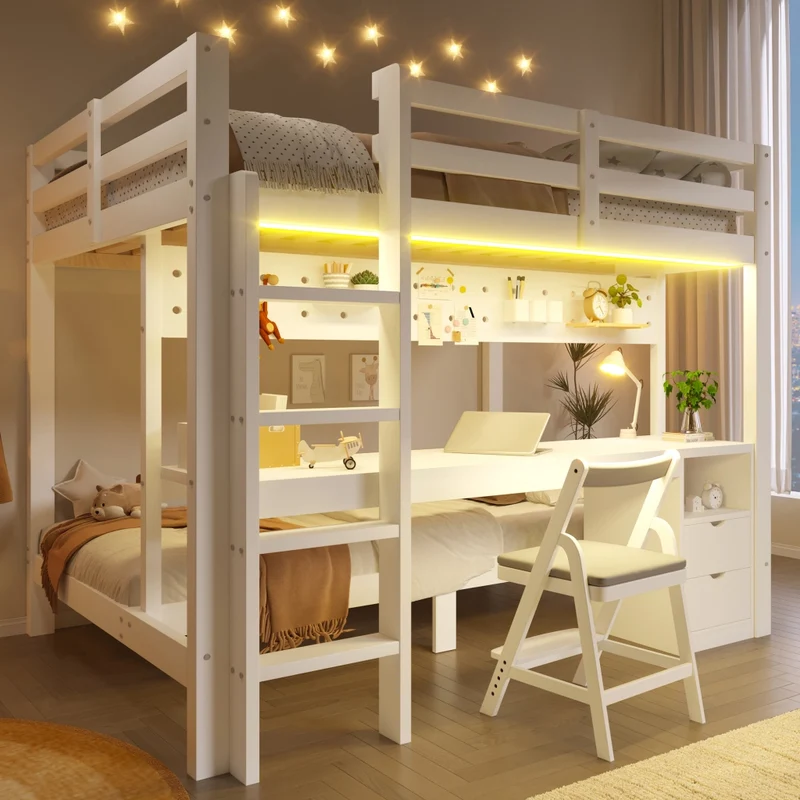 Letto a soppalco 140x200 cm in legno di pino con letto inferiore 90x200 cm; scrivania integrata e cassetti