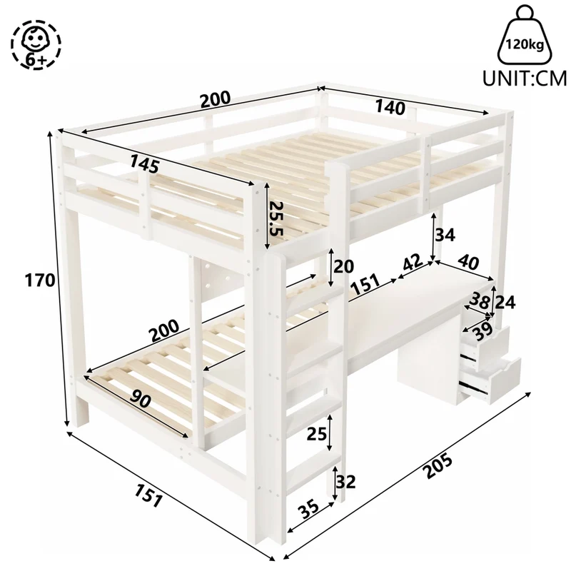 Letto a soppalco 140x200 cm in legno di pino con letto inferiore 90x200 cm; scrivania integrata e cassetti