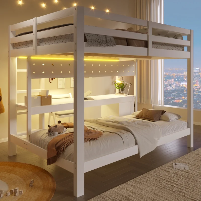 Letto a soppalco 140x200 cm in legno di pino con letto inferiore 90x200 cm; scrivania integrata e cassetti