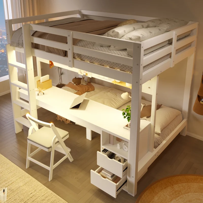 Letto a soppalco 140x200 cm in legno di pino con letto inferiore 90x200 cm; scrivania integrata e cassetti