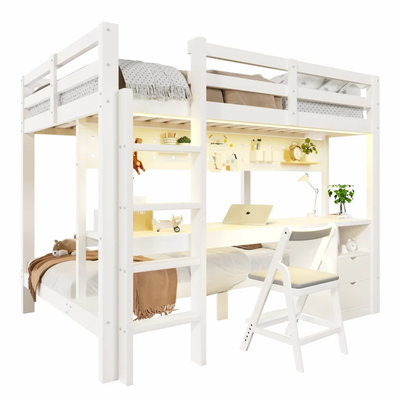 Letto a soppalco 140x200 cm in legno di pino con letto inferiore 90x200 cm; scrivania integrata e cassetti