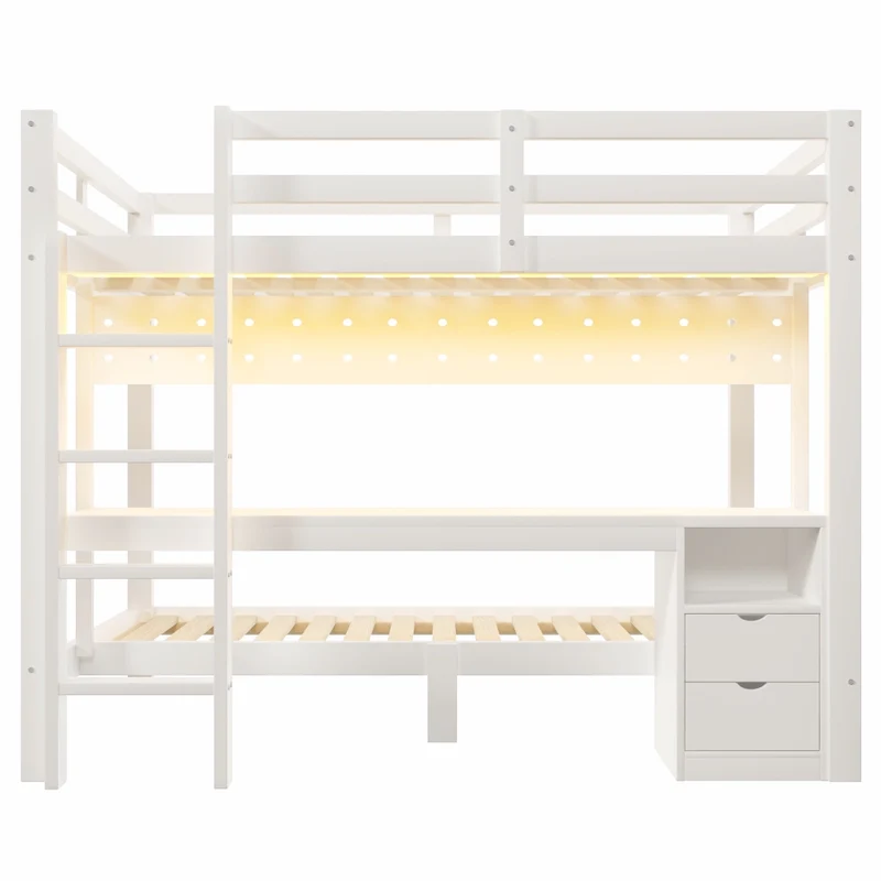 Letto a soppalco 140x200 cm in legno di pino con letto inferiore 90x200 cm; scrivania integrata e cassetti