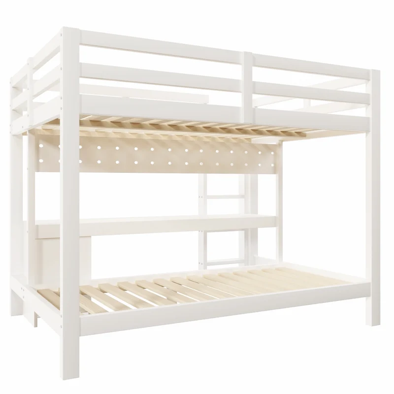 Letto a soppalco 140x200 cm in legno di pino con letto inferiore 90x200 cm; scrivania integrata e cassetti