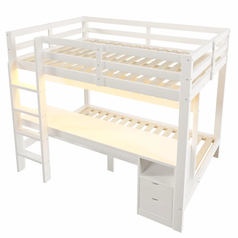 Letto a soppalco 140x200 cm in legno di pino con letto inferiore 90x200 cm; scrivania integrata e cassetti