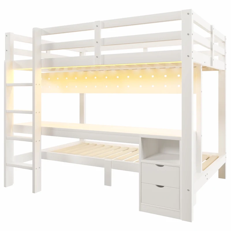 Letto a soppalco 140x200 cm in legno di pino con letto inferiore 90x200 cm; scrivania integrata e cassetti