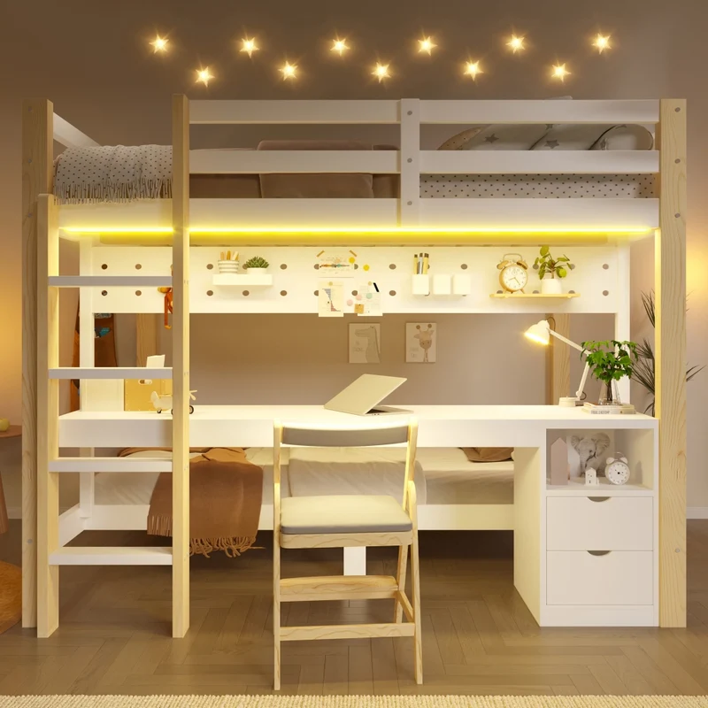 Letto a castello 90x200 e 140x200 in legno di pino; con scrivania; cassetti; LED e pannello forato; bianco e naturale