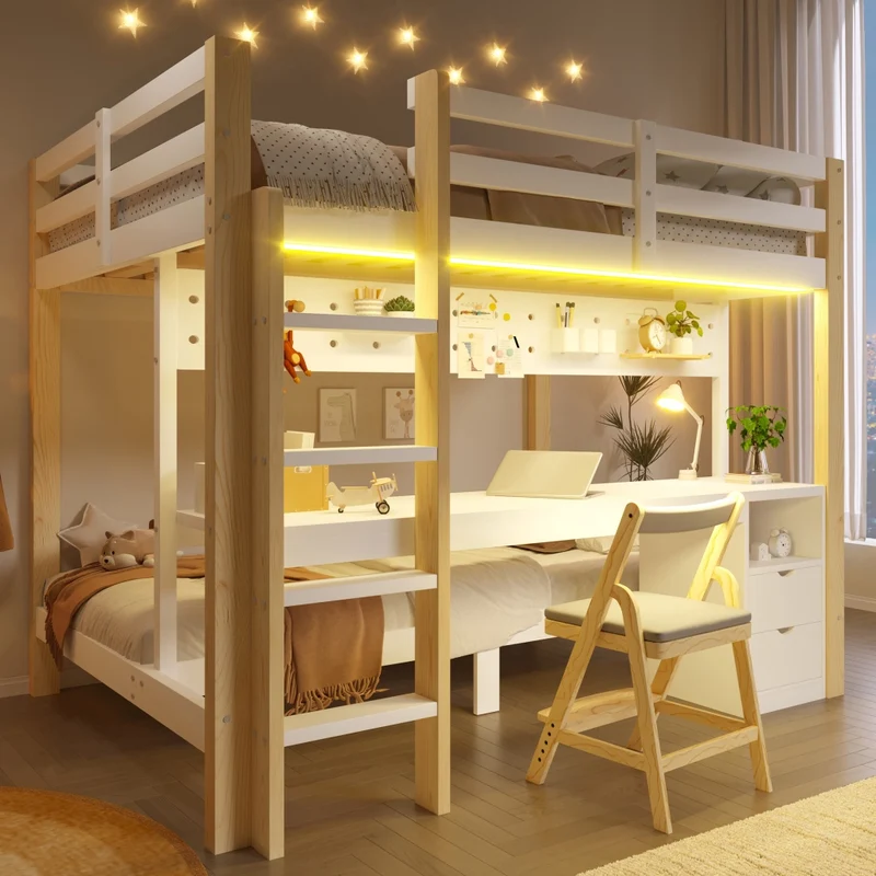 Letto a castello 90x200 e 140x200 in legno di pino; con scrivania; cassetti; LED e pannello forato; bianco e naturale