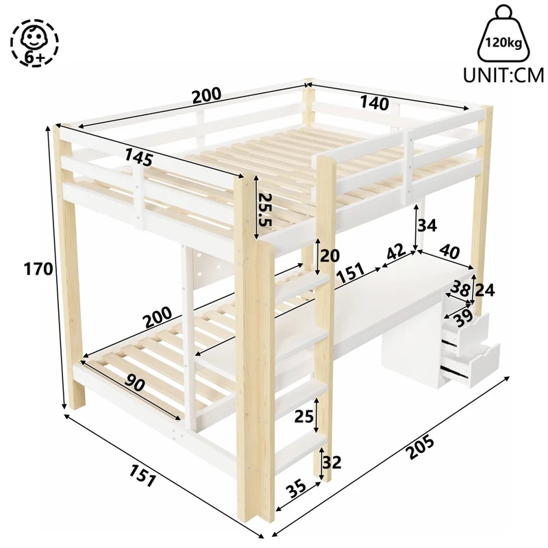 Letto a castello 90x200 e 140x200 in legno di pino; con scrivania; cassetti; LED e pannello forato; bianco e naturale