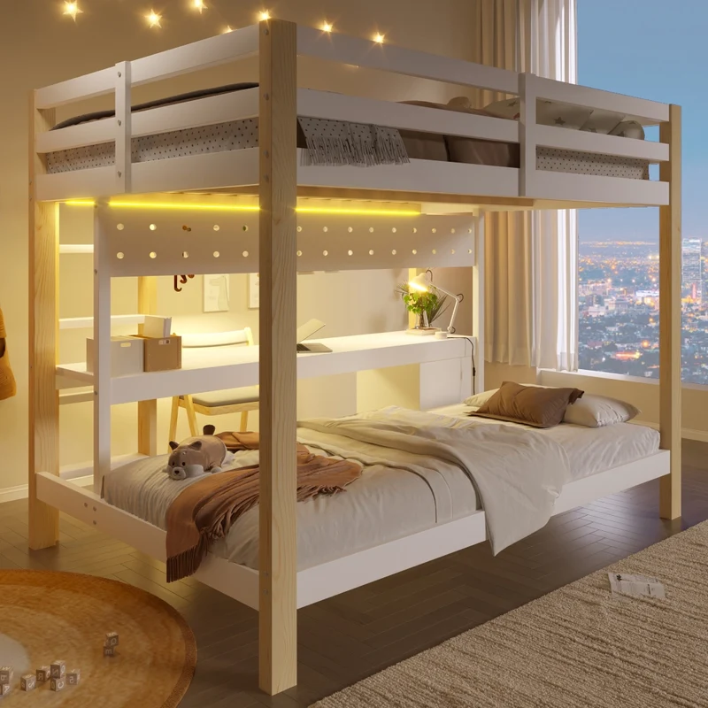 Letto a castello 90x200 e 140x200 in legno di pino; con scrivania; cassetti; LED e pannello forato; bianco e naturale