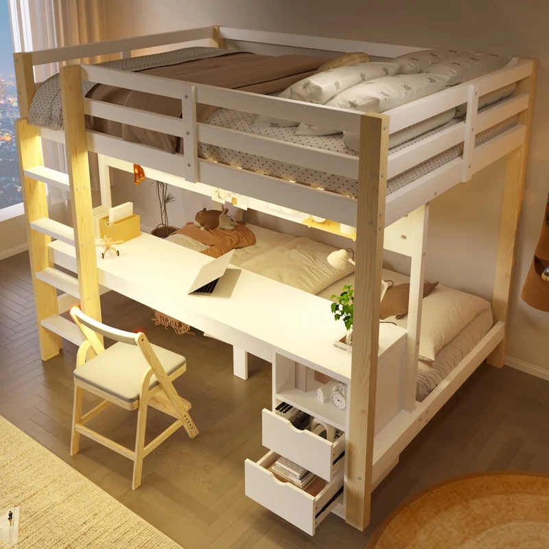 Letto a castello 90x200 e 140x200 in legno di pino; con scrivania; cassetti; LED e pannello forato; bianco e naturale