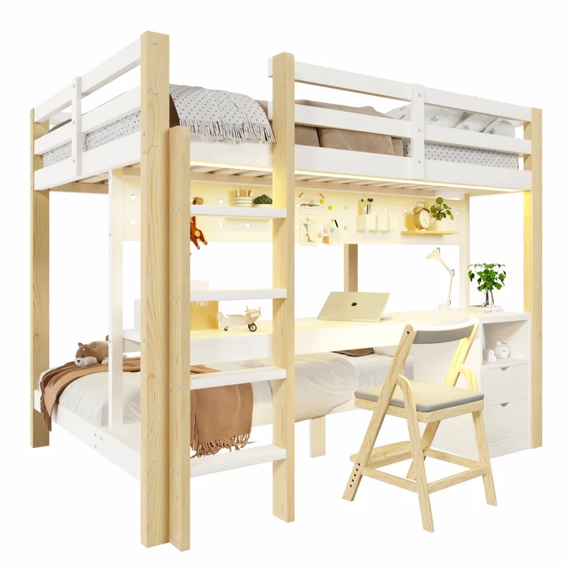 Letto a castello 90x200 e 140x200 in legno di pino; con scrivania; cassetti; LED e pannello forato; bianco e naturale