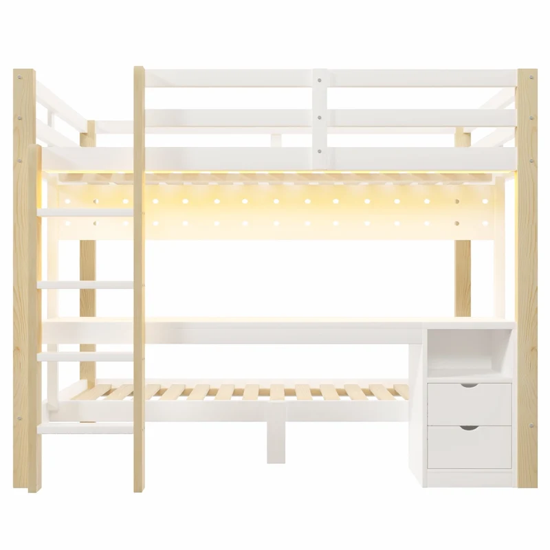 Letto a castello 90x200 e 140x200 in legno di pino; con scrivania; cassetti; LED e pannello forato; bianco e naturale