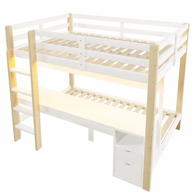 Letto a castello 90x200 e 140x200 in legno di pino; con scrivania; cassetti; LED e pannello forato; bianco e naturale