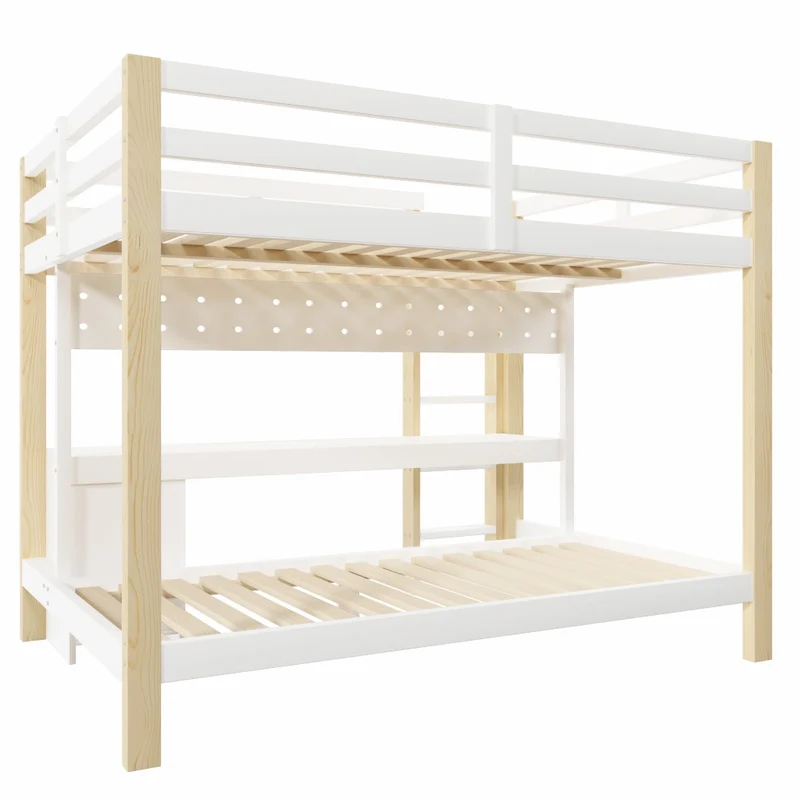 Letto a castello 90x200 e 140x200 in legno di pino; con scrivania; cassetti; LED e pannello forato; bianco e naturale