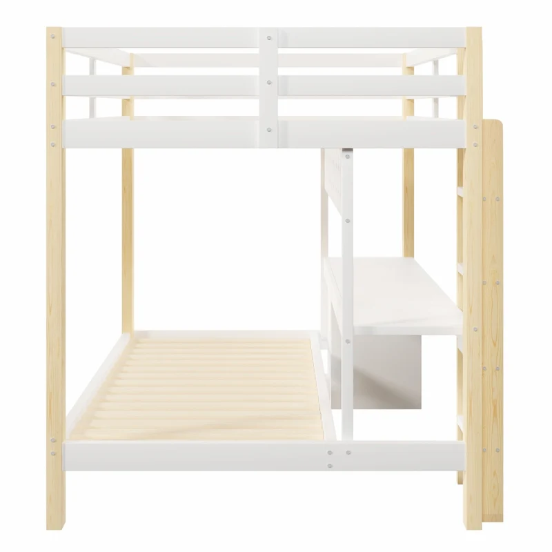 Letto a castello 90x200 e 140x200 in legno di pino; con scrivania; cassetti; LED e pannello forato; bianco e naturale