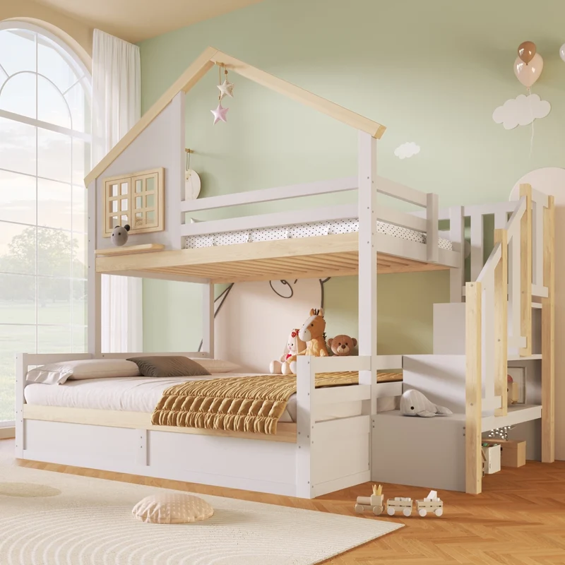 Letto a castello 90x200 e 140x200 cm con contenitore idraulico; casetta con finestra; pino; bianco e naturale