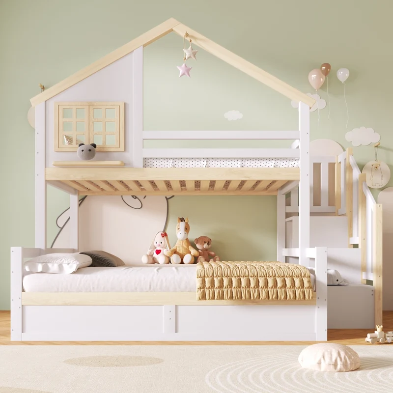 Letto a castello 90x200 e 140x200 cm con contenitore idraulico; casetta con finestra; pino; bianco e naturale