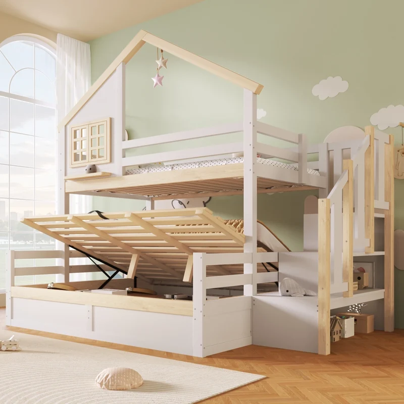 Letto a castello 90x200 e 140x200 cm con contenitore idraulico; casetta con finestra; pino; bianco e naturale
