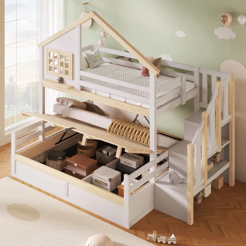 Letto a castello 90x200 e 140x200 cm con contenitore idraulico; casetta con finestra; pino; bianco e naturale