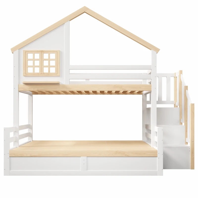 Letto a castello 90x200 e 140x200 cm con contenitore idraulico; casetta con finestra; pino; bianco e naturale