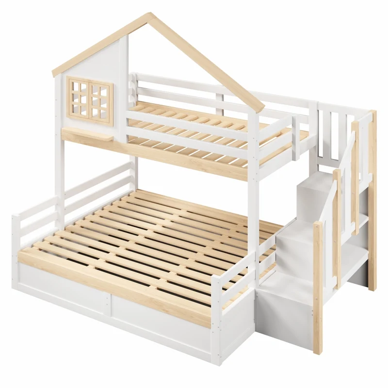 Letto a castello 90x200 e 140x200 cm con contenitore idraulico; casetta con finestra; pino; bianco e naturale