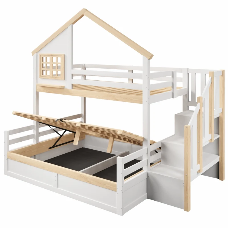 Letto a castello 90x200 e 140x200 cm con contenitore idraulico; casetta con finestra; pino; bianco e naturale