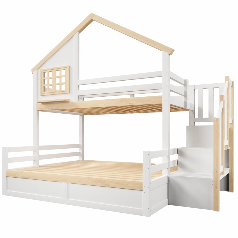 Letto a castello 90x200 e 140x200 cm con contenitore idraulico; casetta con finestra; pino; bianco e naturale