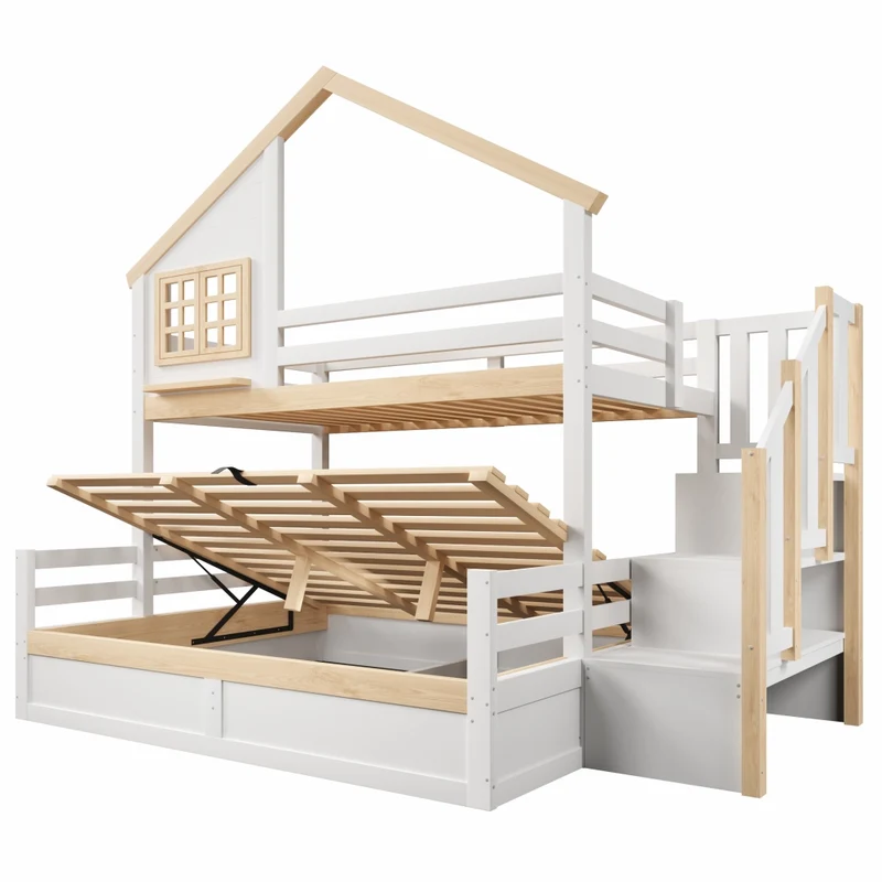 Letto a castello 90x200 e 140x200 cm con contenitore idraulico; casetta con finestra; pino; bianco e naturale