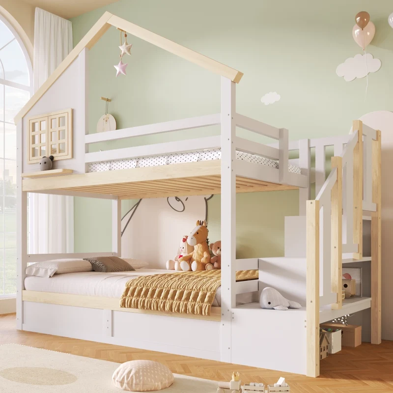 Letto a castello 90x200 cm a forma di casetta con contenitore idraulico; pino e MDF; bianco e naturale per bambini