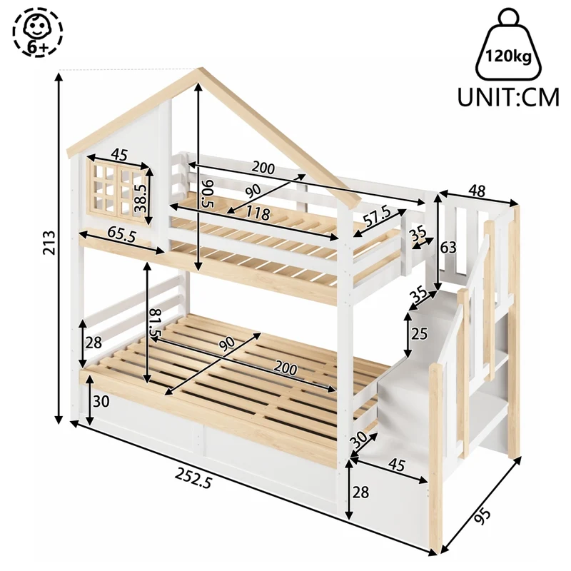 Letto a castello 90x200 cm a forma di casetta con contenitore idraulico; pino e MDF; bianco e naturale per bambini