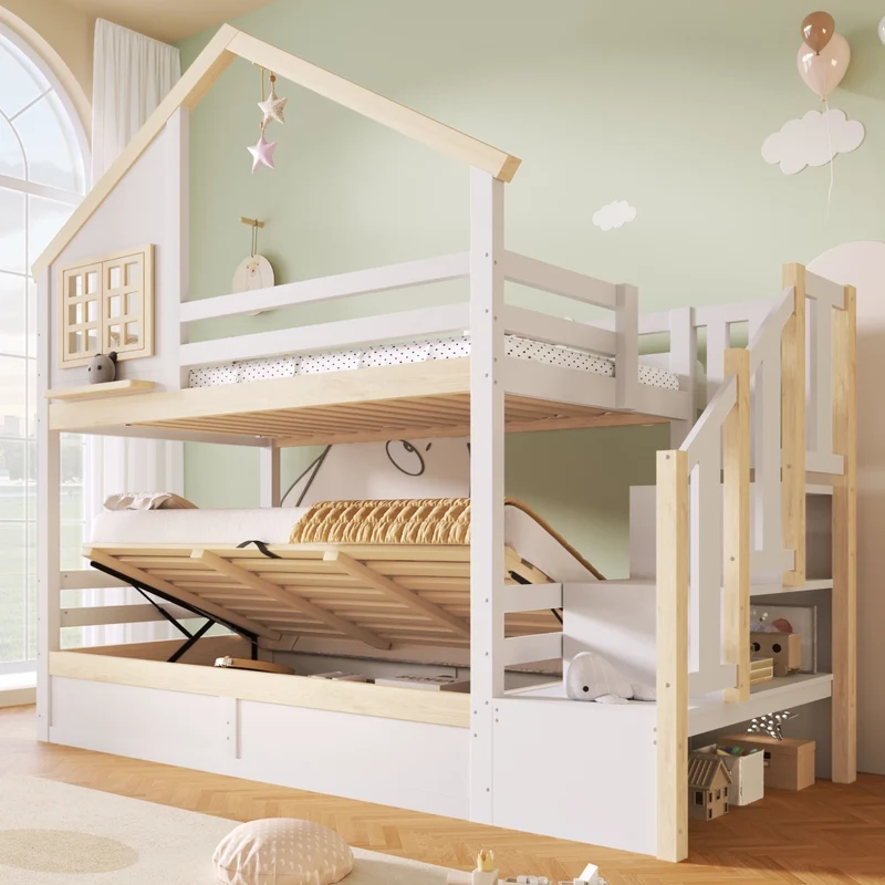 Letto a castello 90x200 cm a forma di casetta con contenitore idraulico; pino e MDF; bianco e naturale per bambini