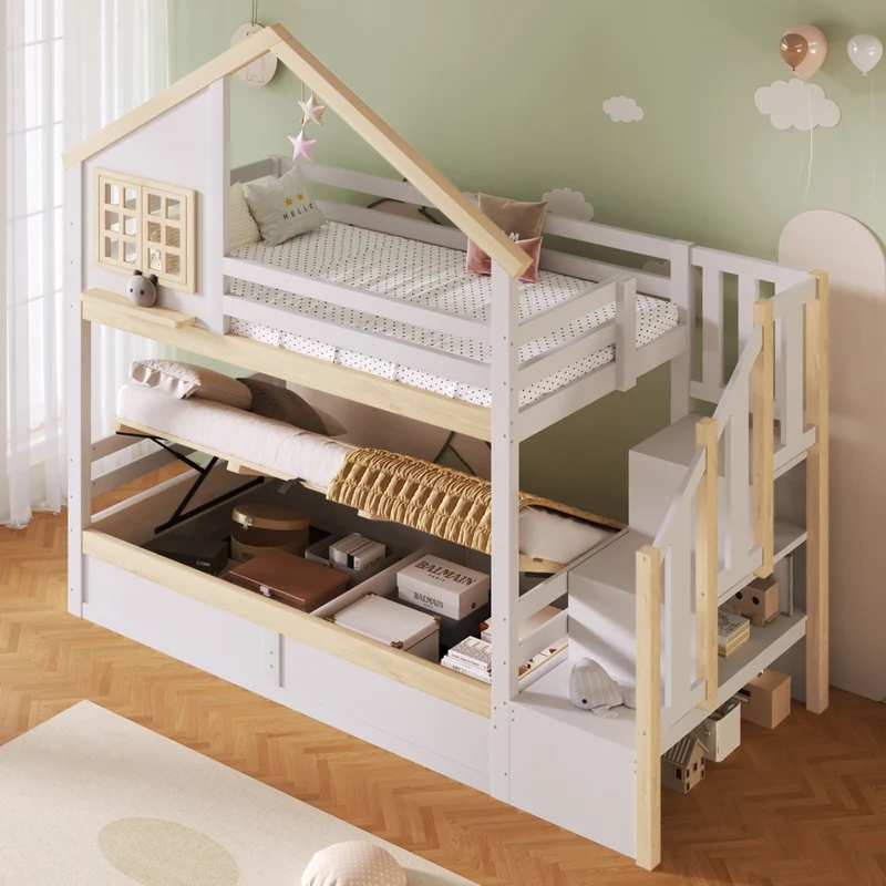 Letto a castello 90x200 cm a forma di casetta con contenitore idraulico; pino e MDF; bianco e naturale per bambini