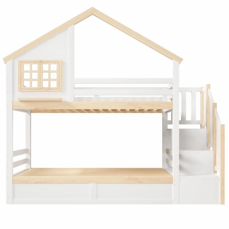 Letto a castello 90x200 cm a forma di casetta con contenitore idraulico; pino e MDF; bianco e naturale per bambini