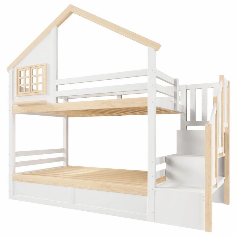 Letto a castello 90x200 cm a forma di casetta con contenitore idraulico; pino e MDF; bianco e naturale per bambini